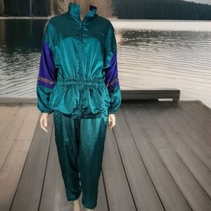 Vintage 90s Tracksuit Women's Avia Green Jacket Pants Streetwear Retro Peplum